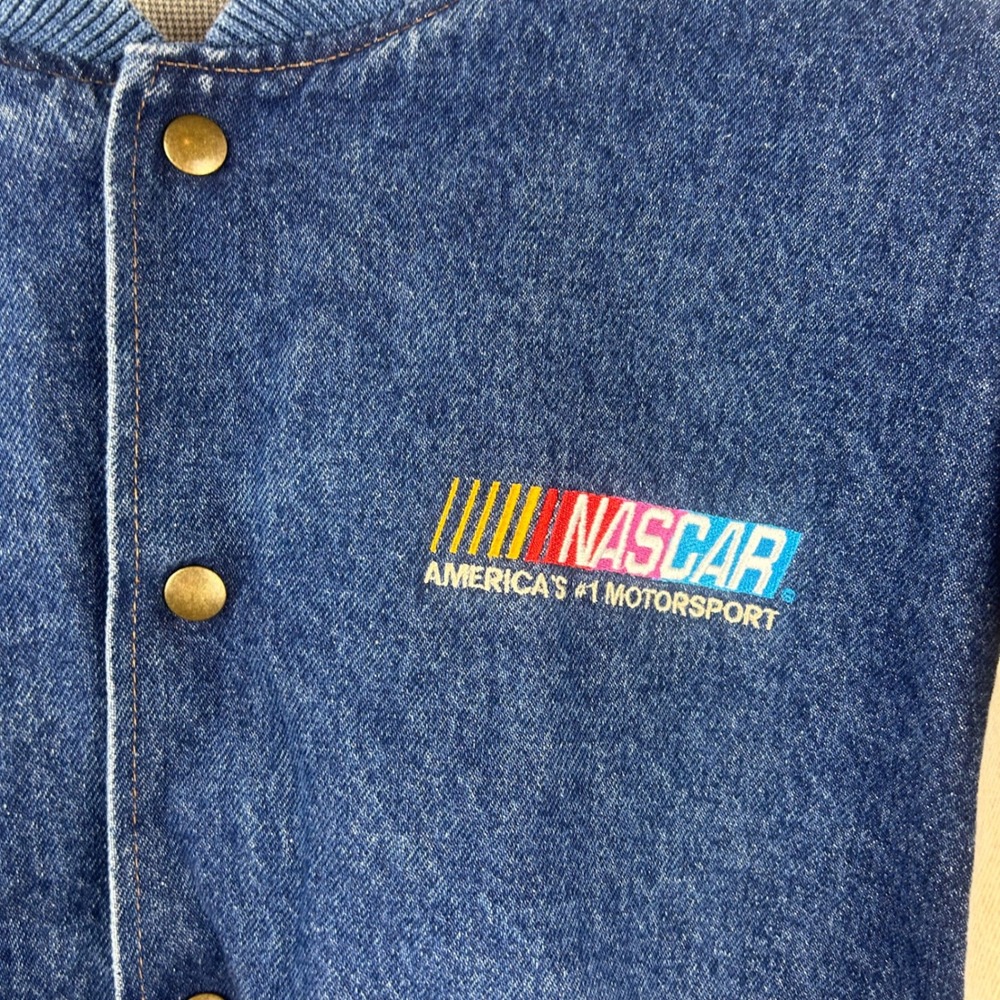 Vintage 90s NASCAR Three Rivers Denim Varsity Jacket Men Large Blue Tan USA Made - Picture 6 of 13